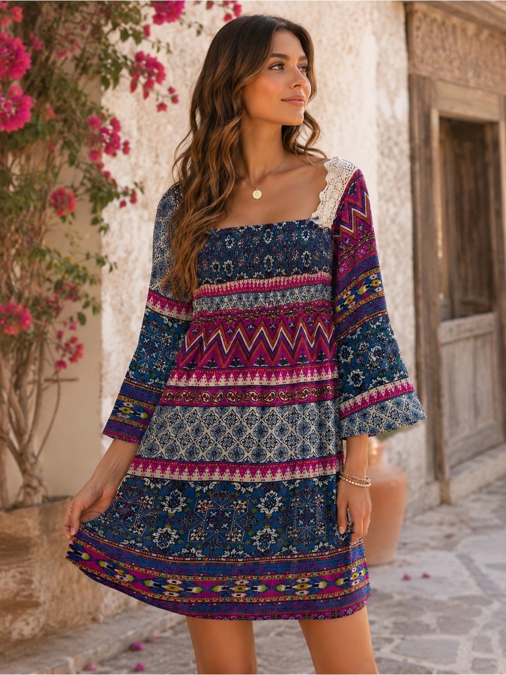 Flying Tomato Blue and Magenta Boho Mini Dress
